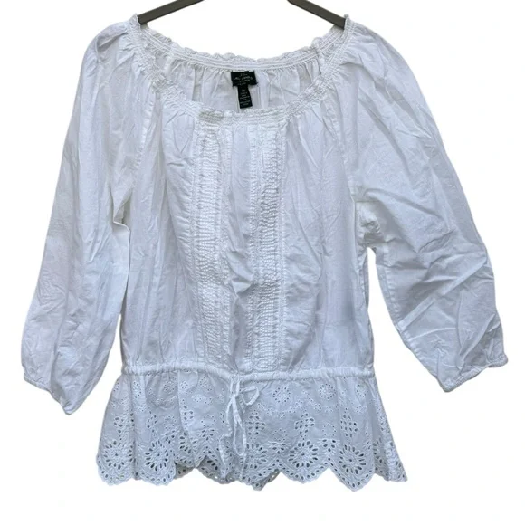 Ralph Lauren White Lace Trim Peasant Blouse Petite Medium - Picture 1 of 7